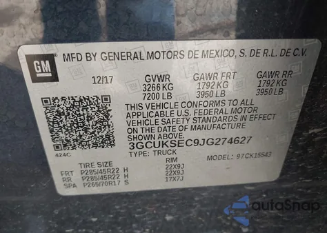2018 Chevrolet Silverado 1500 2Lz from USA, damaged, VIN 3GCUKSEC9JG274627